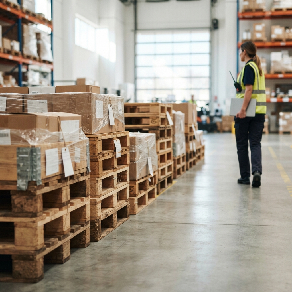 Stacked pallets in a warehouse setting