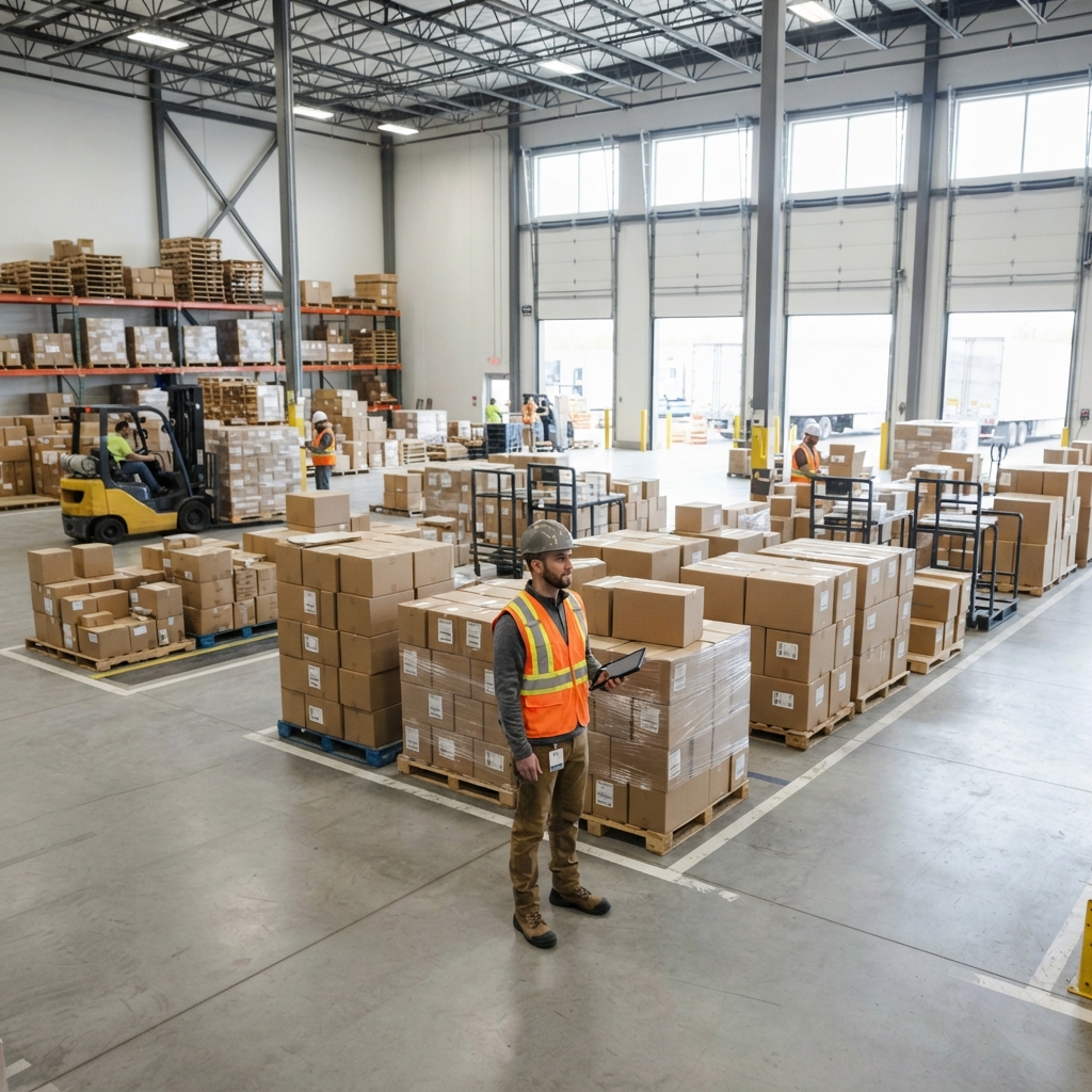 Warehouse worker organizing pallets in a clean shipping facility
