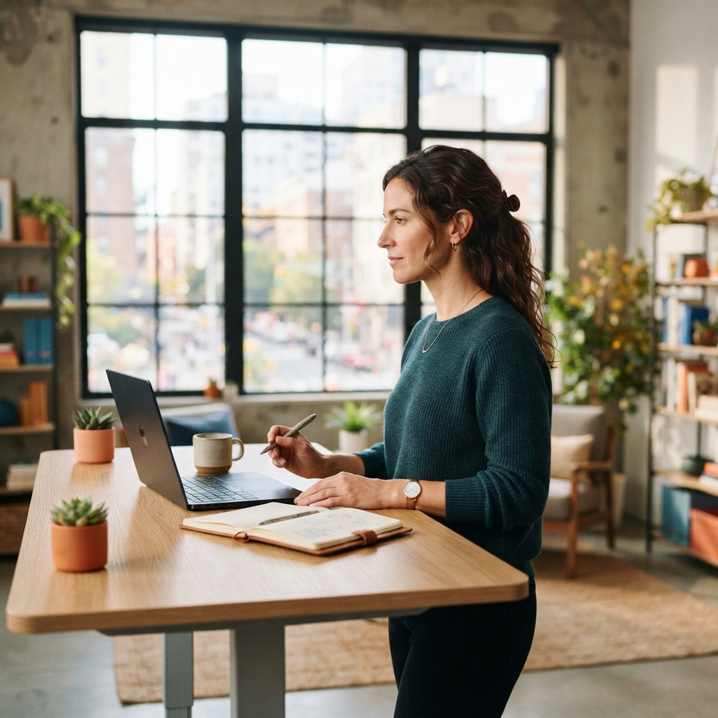 Logistics manager calmly planning shipments at a clean desk