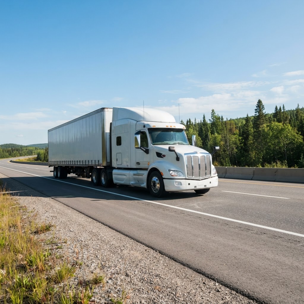 Transport truck cruising along a clear highway