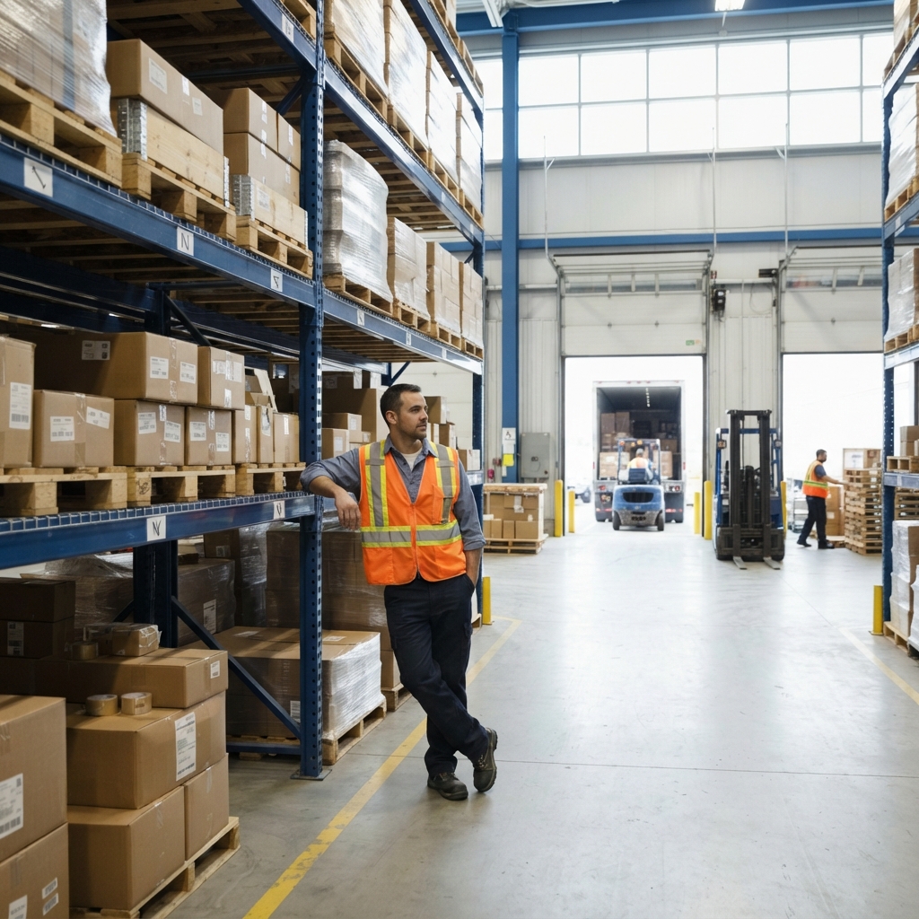 Warehouse worker observing organized freight pallets