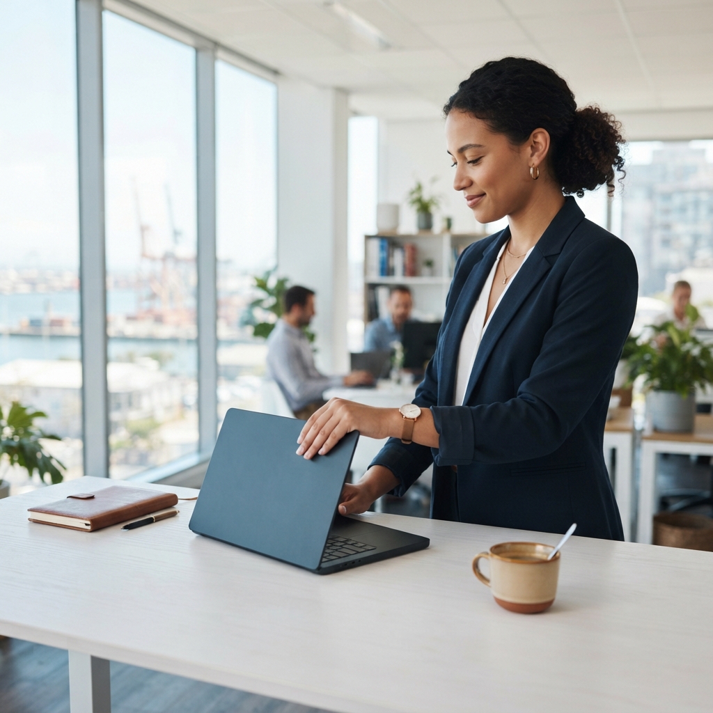 Logistics coordinator closing a laptop in a bright office