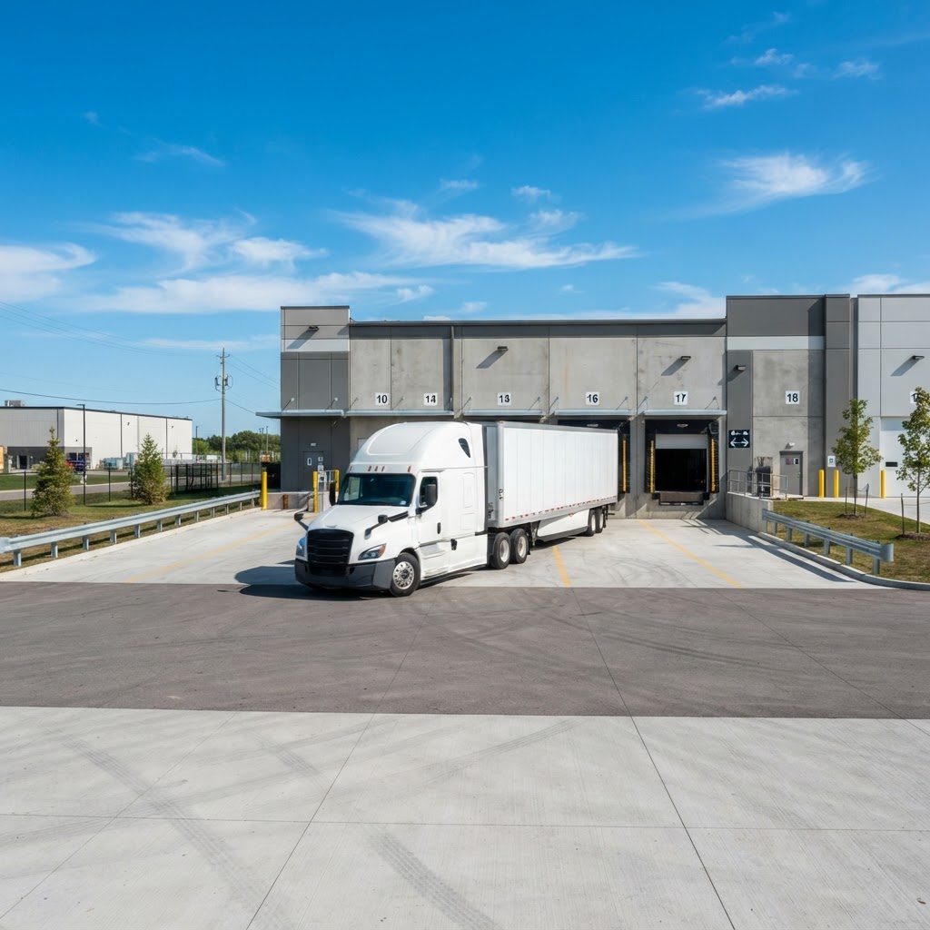 Transport truck leaving a warehouse loading dock