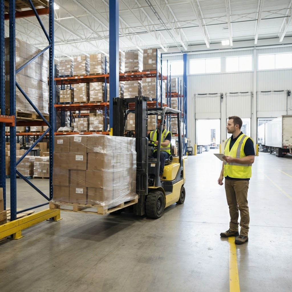 Warehouse worker managing staged pallets on a loading dock
