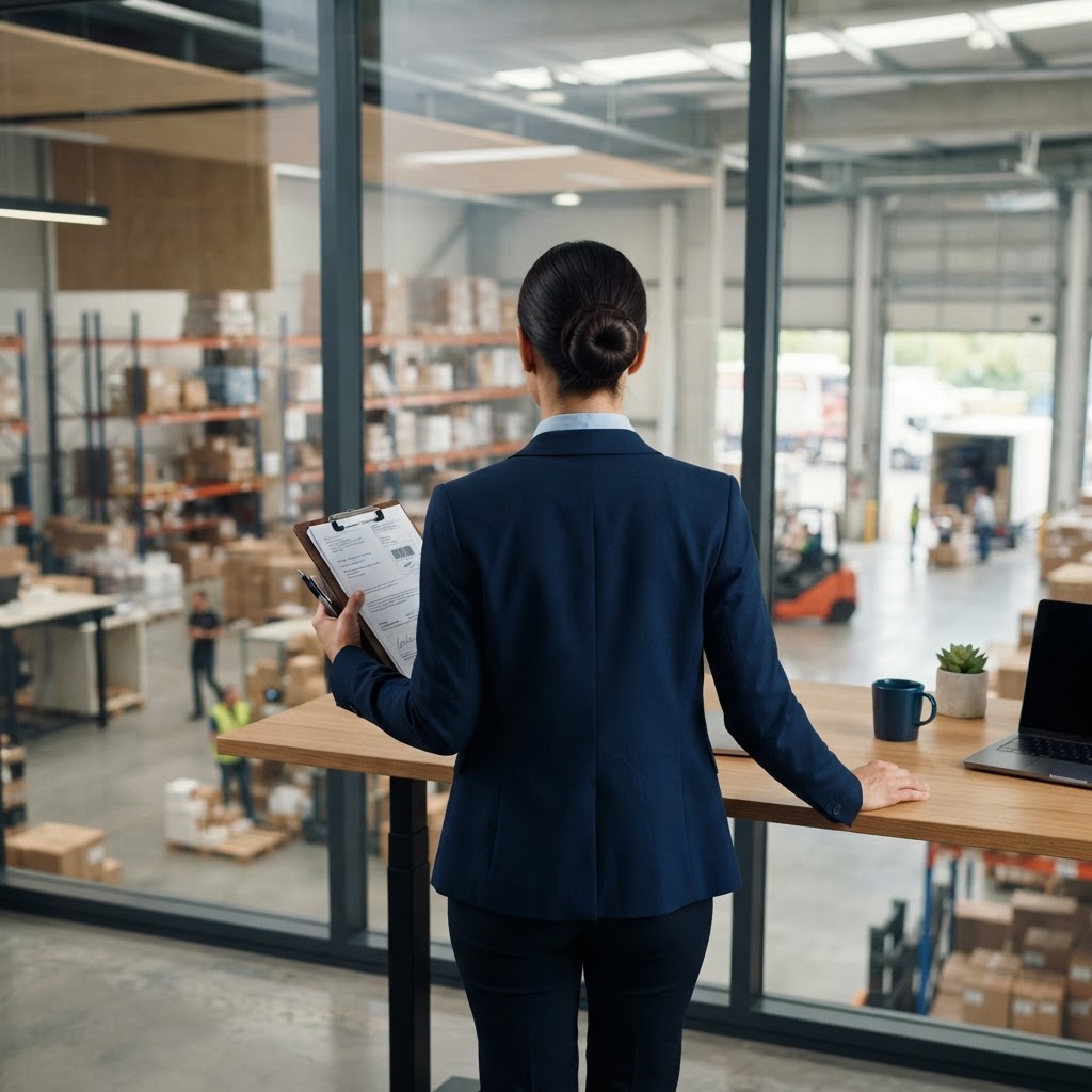 Logistics professional checking documents in a warehouse office