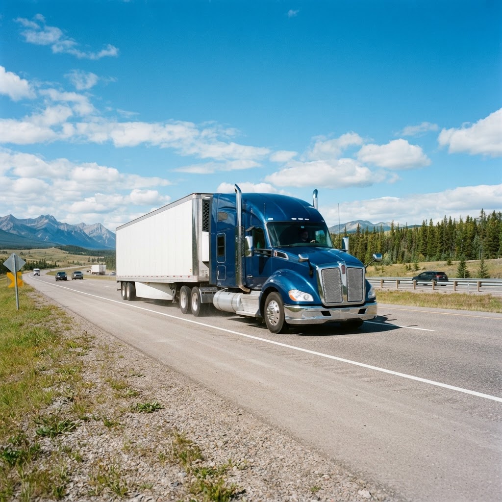 Transport truck cruising along a highway