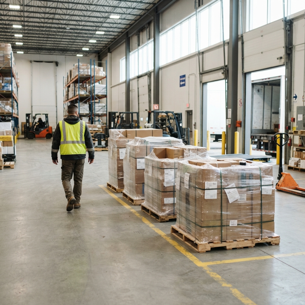 Clean warehouse floor with organized pallets of freight