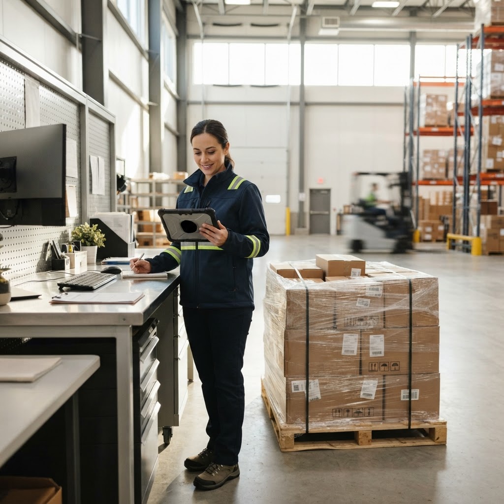 Logistics coordinator managing shipment in an organized clean warehouse