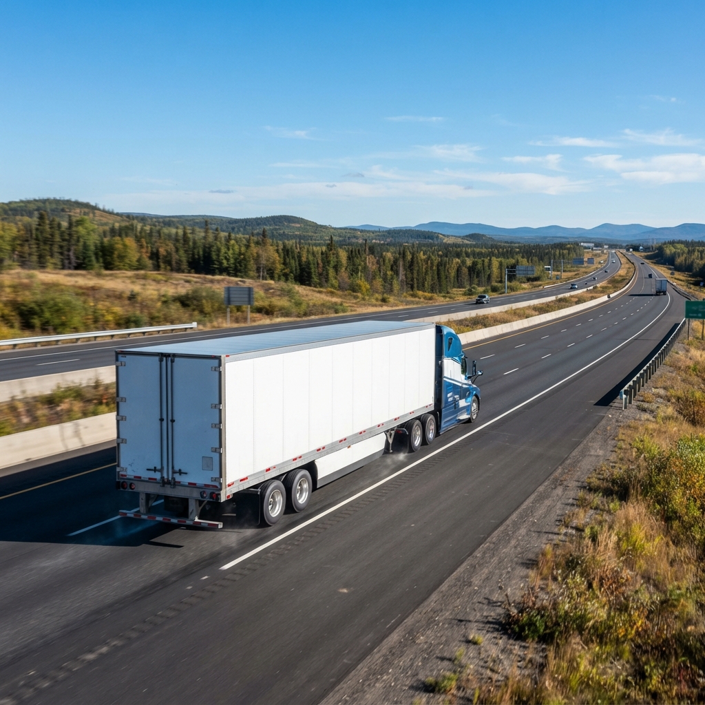 Transport truck cruising on a highway during daytime