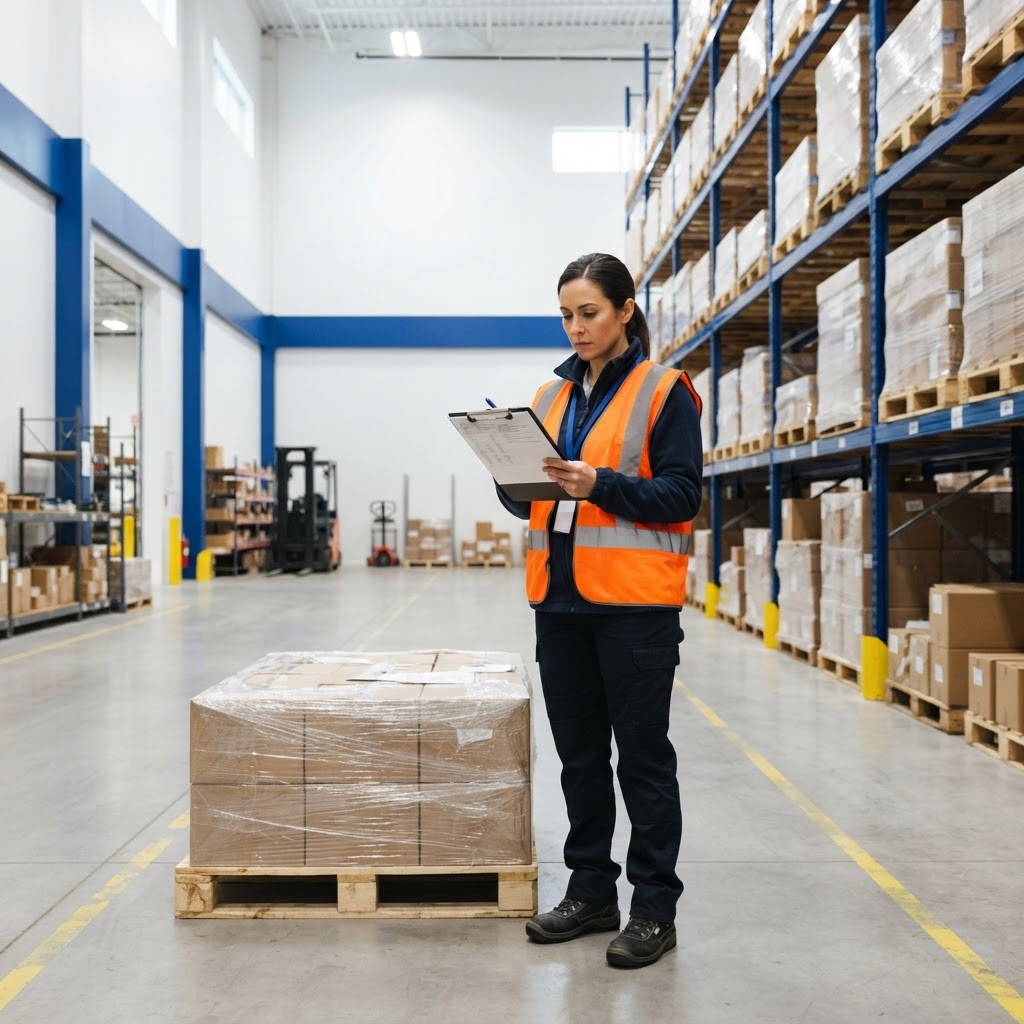 Logistics coordinator organizing pallets in a warehouse