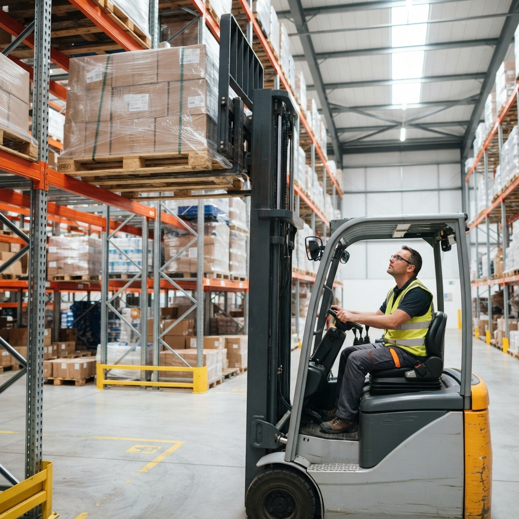 Forklift operator moving a pallet in a warehouse