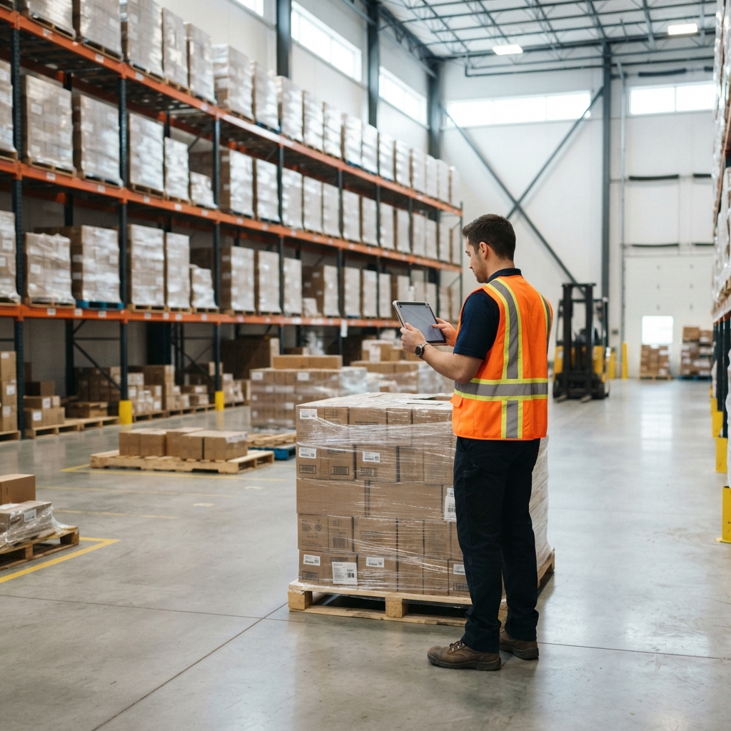 Logistics coordinator managing warehouse inventory with a tablet