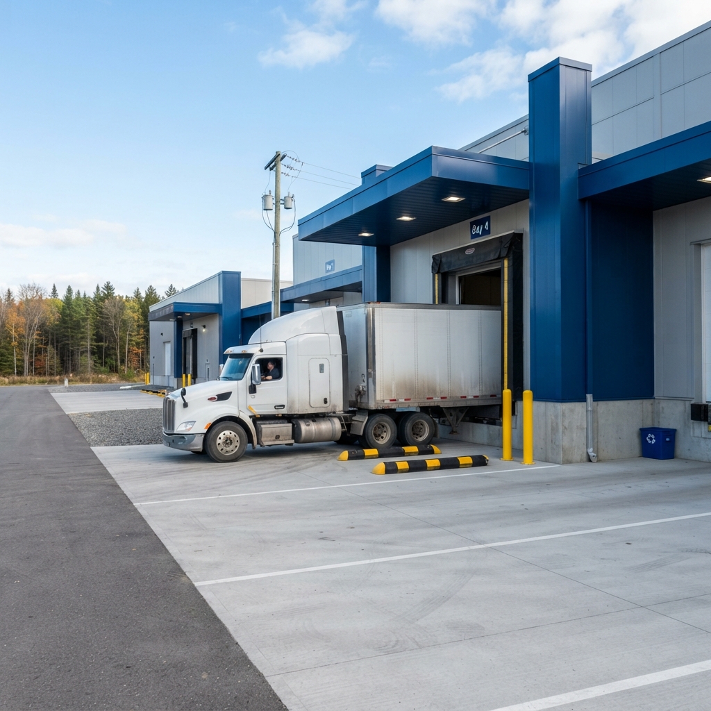 Transport truck arriving at a modern Canadian loading dock