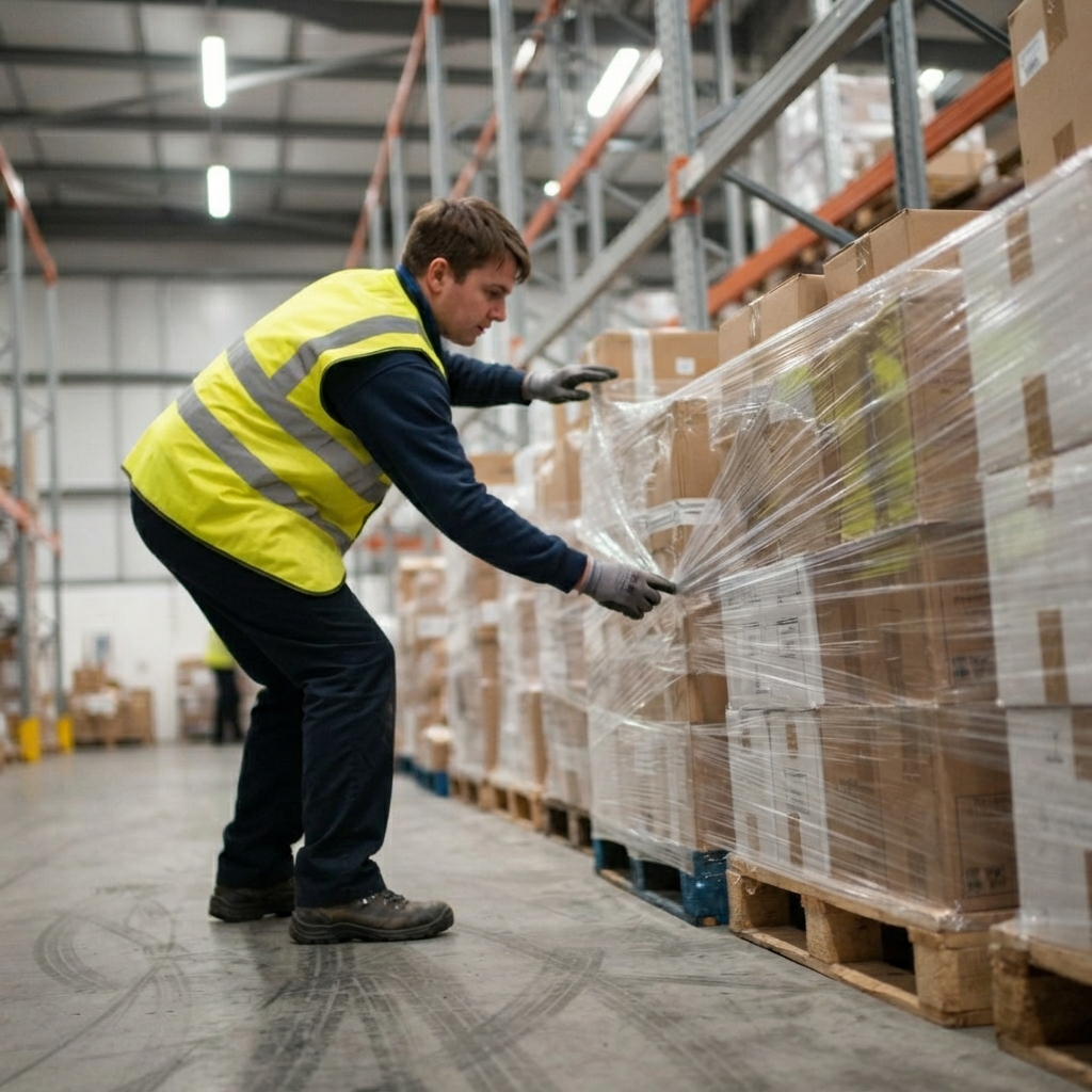 Warehouse worker inspecting secure pallets for shipment
