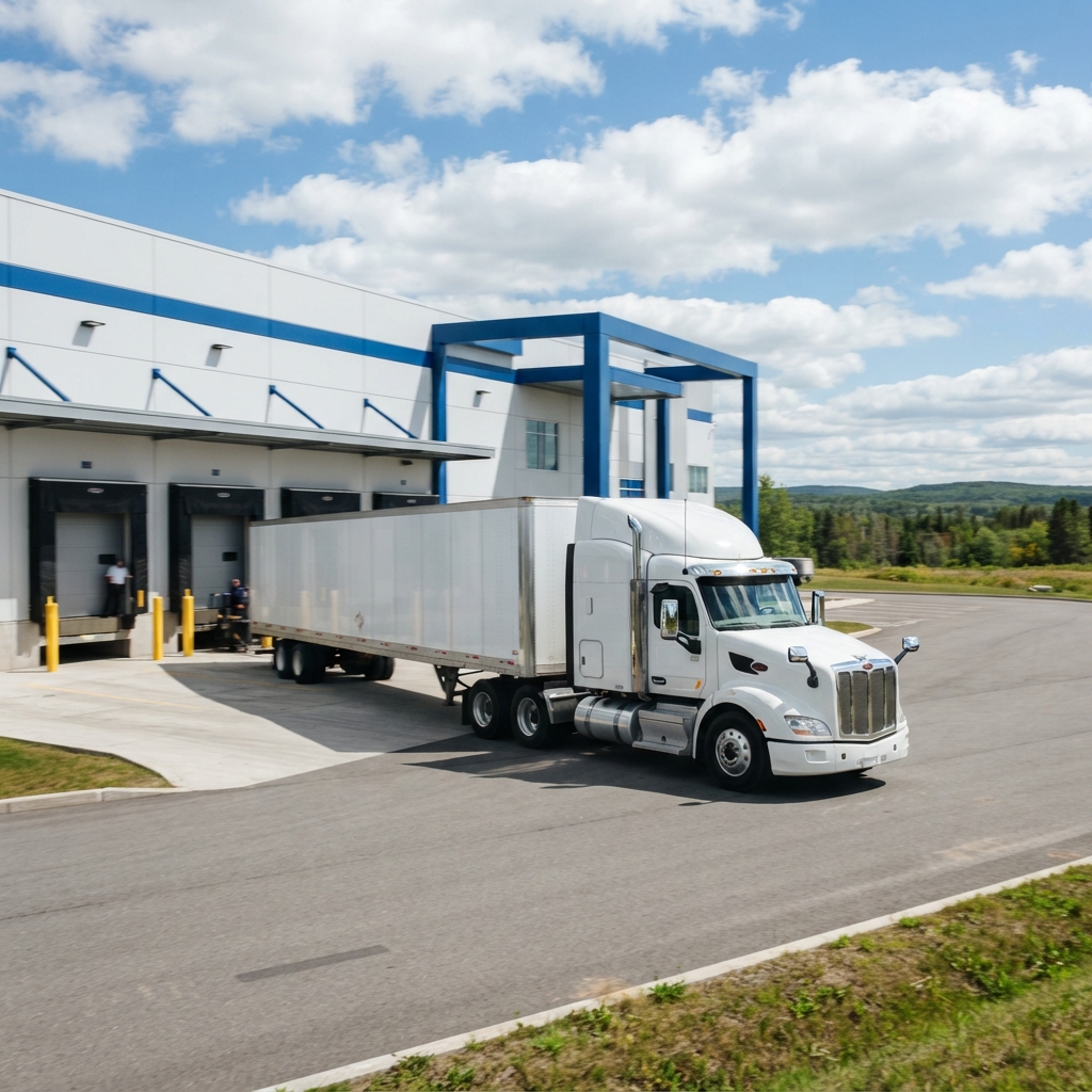 Transport truck departing from a modern loading dock