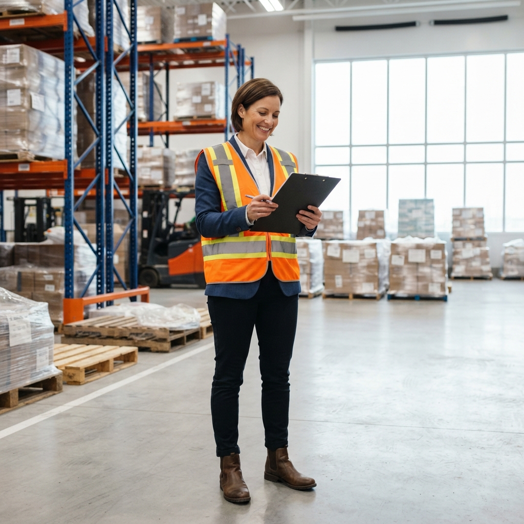 Logistics manager checking cargo in a neat warehouse