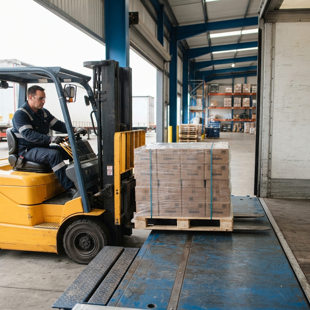 Forklift operator loading a pallet onto a truck