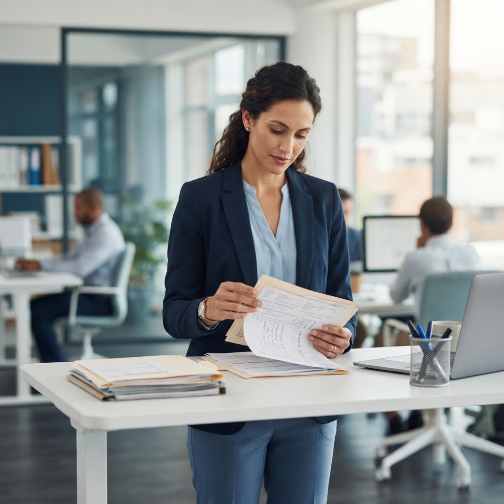 Logistics manager organizing physical shipping documents in a bright office
