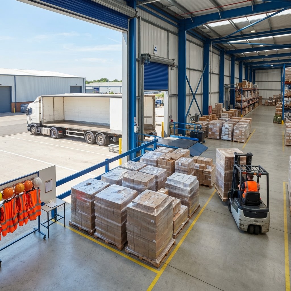 Organized warehouse loading dock with pallets ready for shipment
