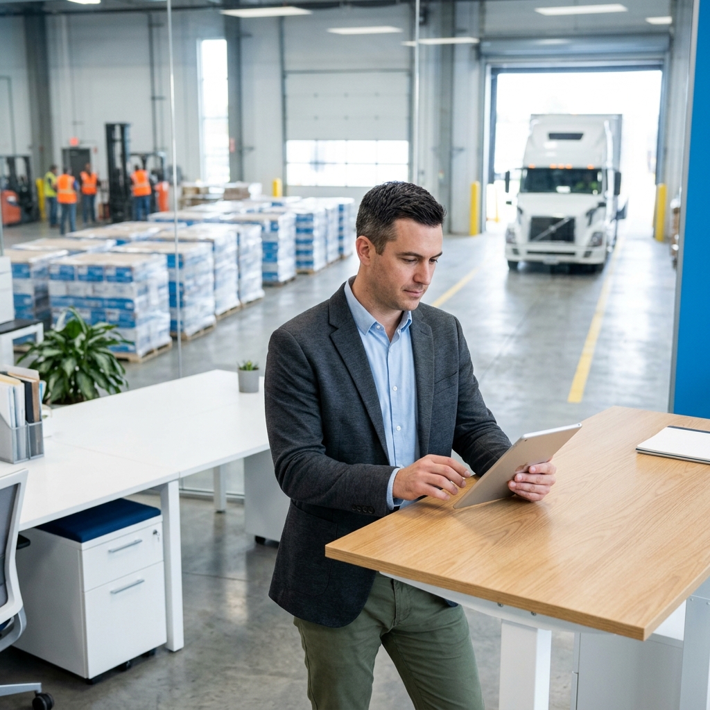 Logistics manager reviewing shipments on tablet at warehouse desk