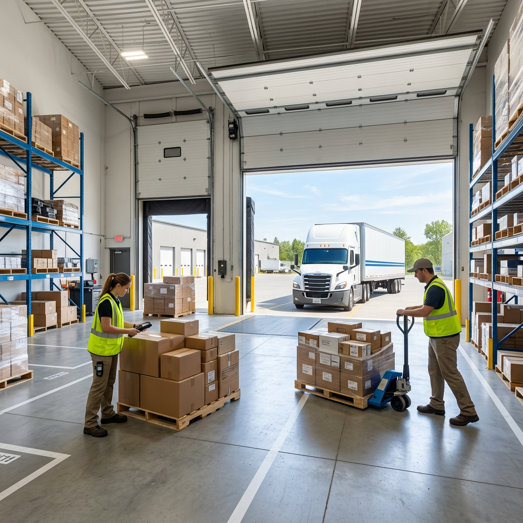Warehouse workers staging mixed pallets for LTL shipment loading