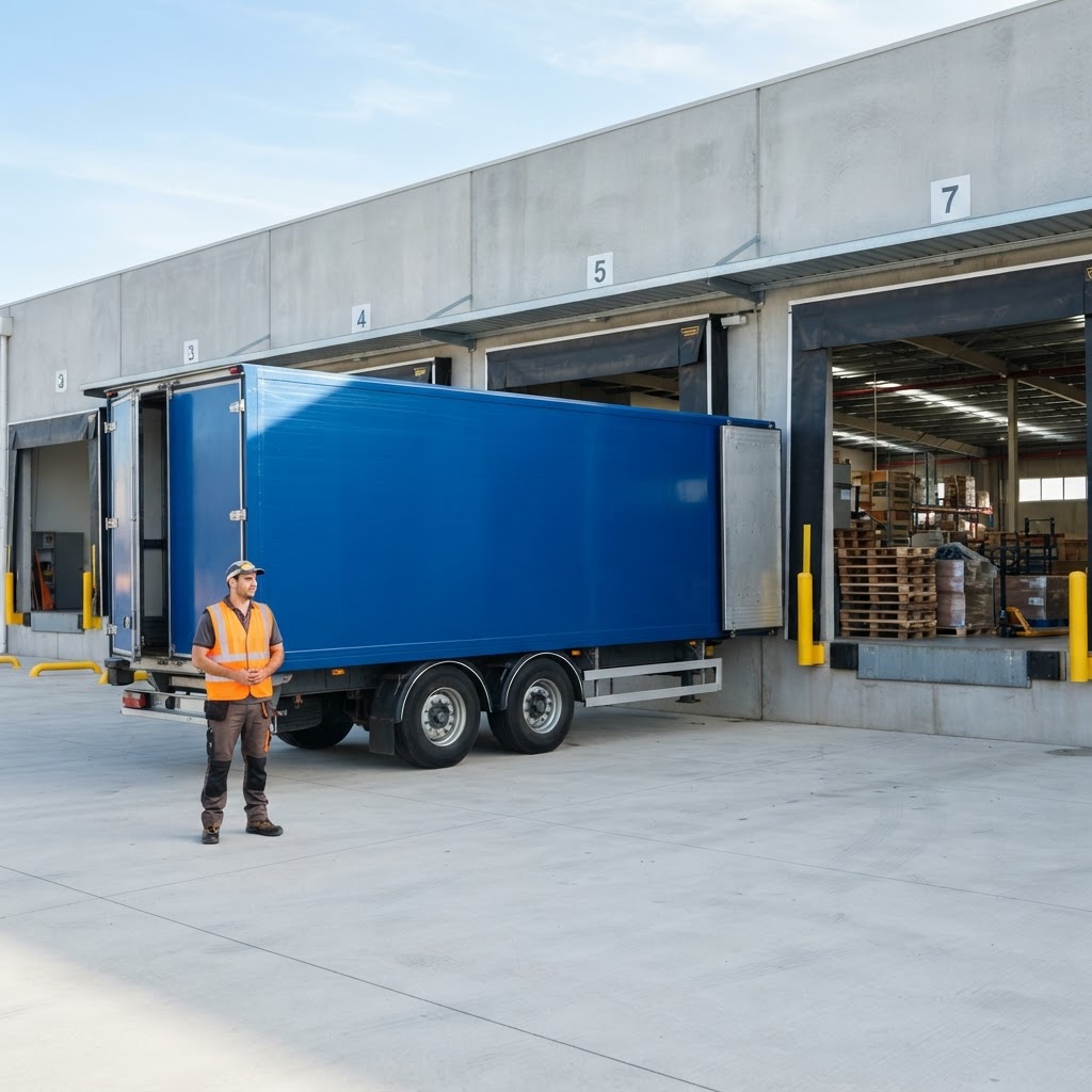 Transport truck reversing into a clean warehouse loading dock