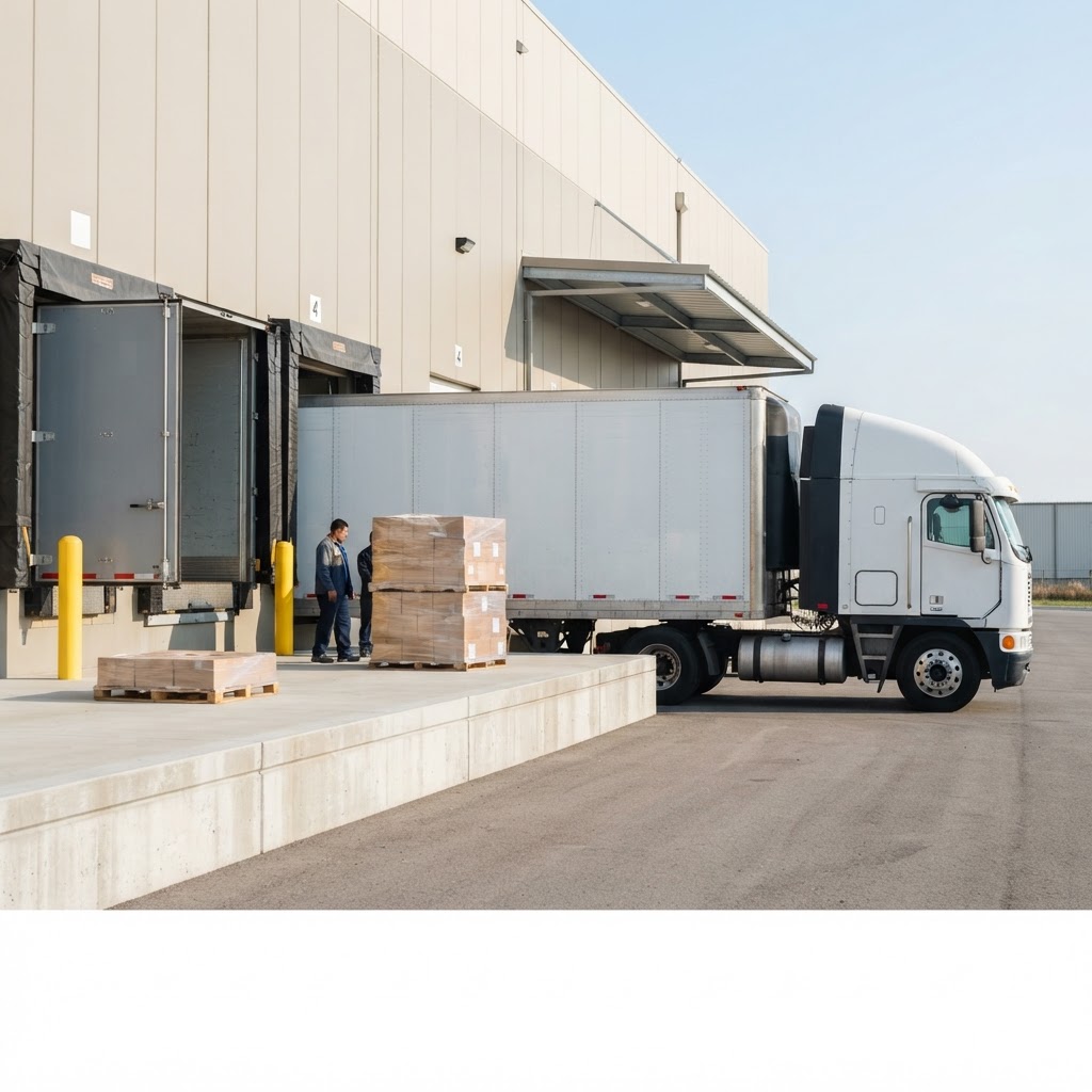 Transport truck and freight pallets at a loading dock