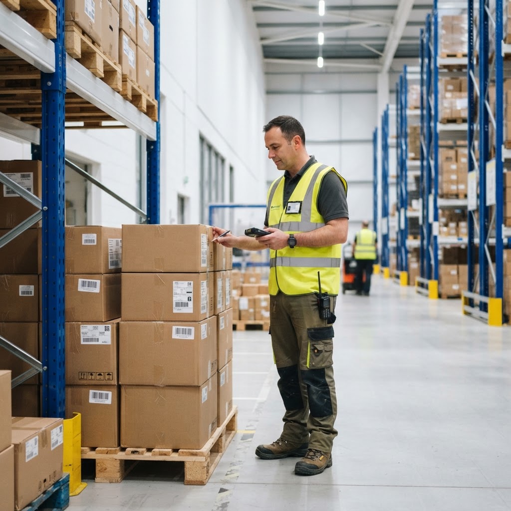 Warehouse worker inspecting freight pallets