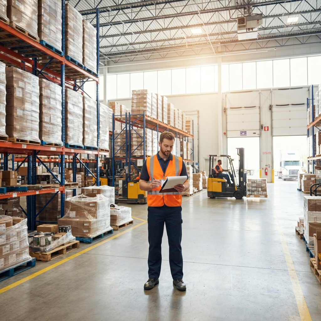 Warehouse manager reviewing shipment in organized facility