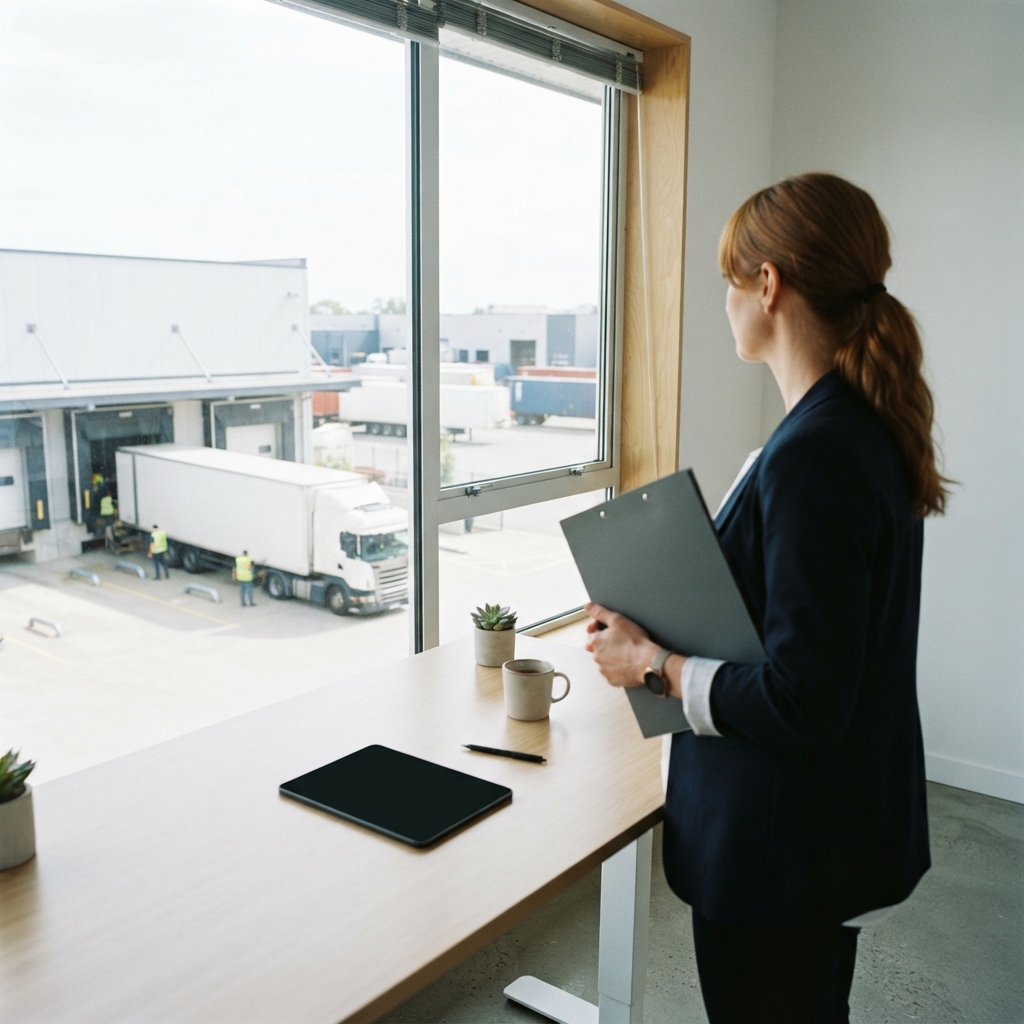 Logistics coordinator looking out at warehouse yard