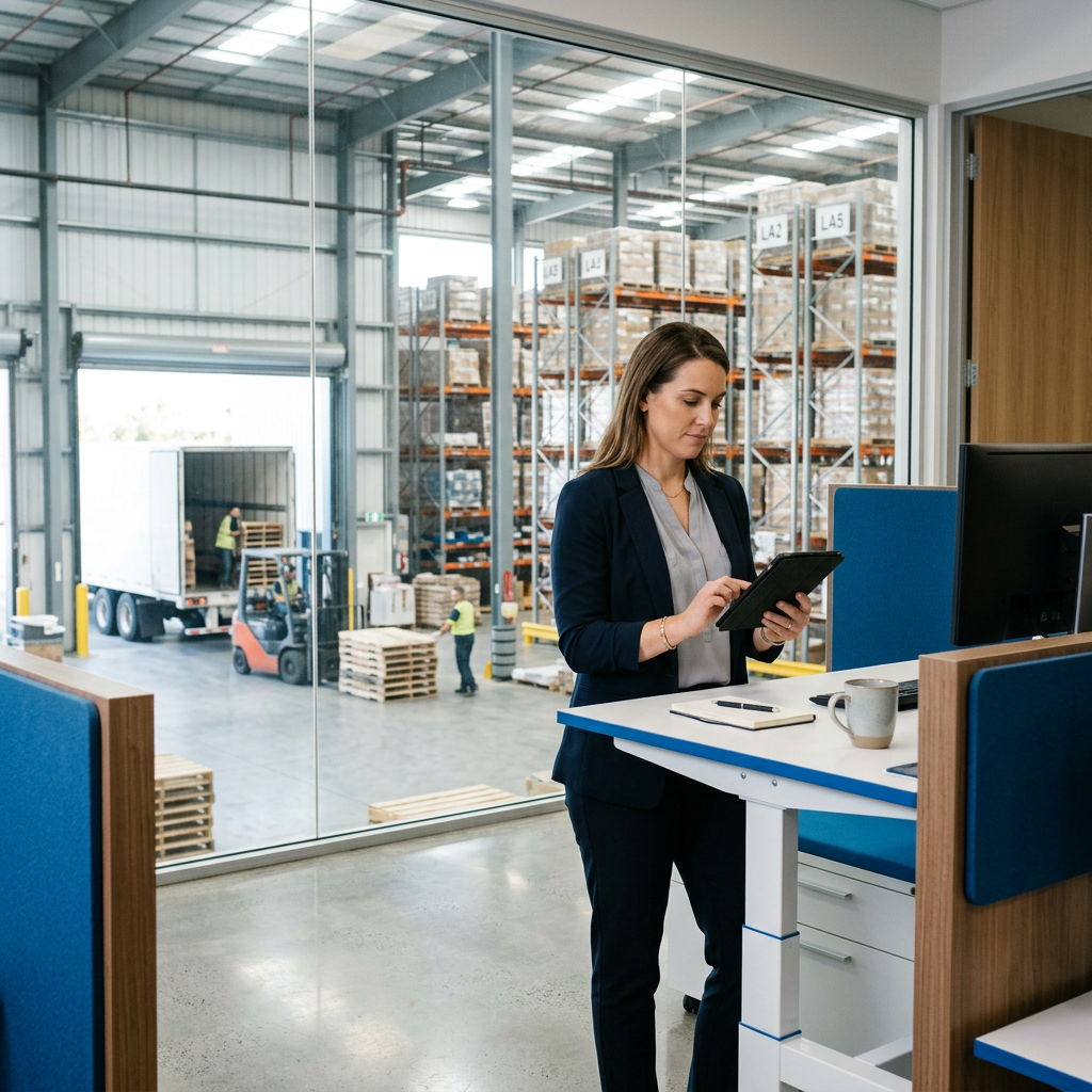 Logistics coordinator reviewing compliance documentation at warehouse desk
