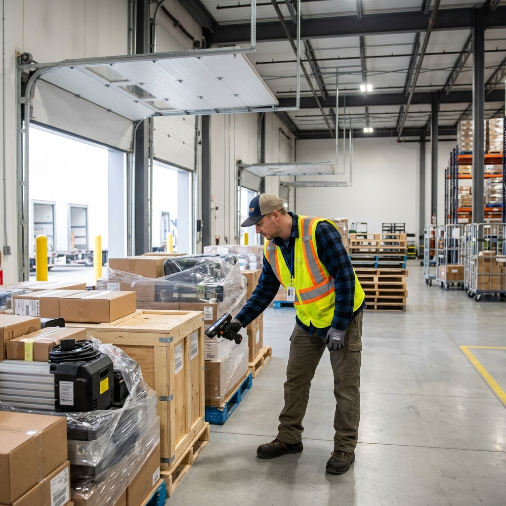 Warehouse worker scanning LTL pallet during freight preparation