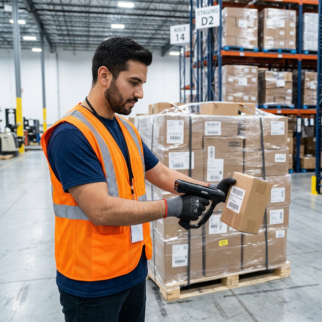 Warehouse worker scanning LTL freight manifest before border shipment