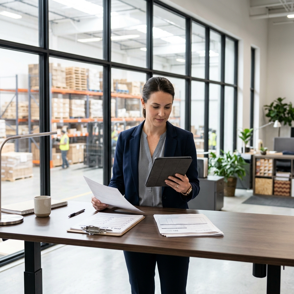 Logistics coordinator reviewing shipping documents at modern warehouse desk