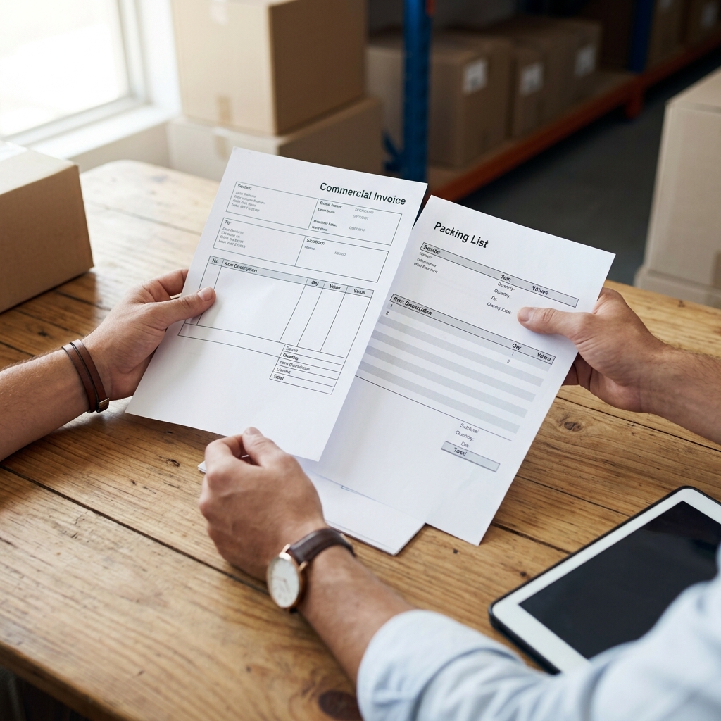 Hands inspecting freight shipping documents and packing lists at desk