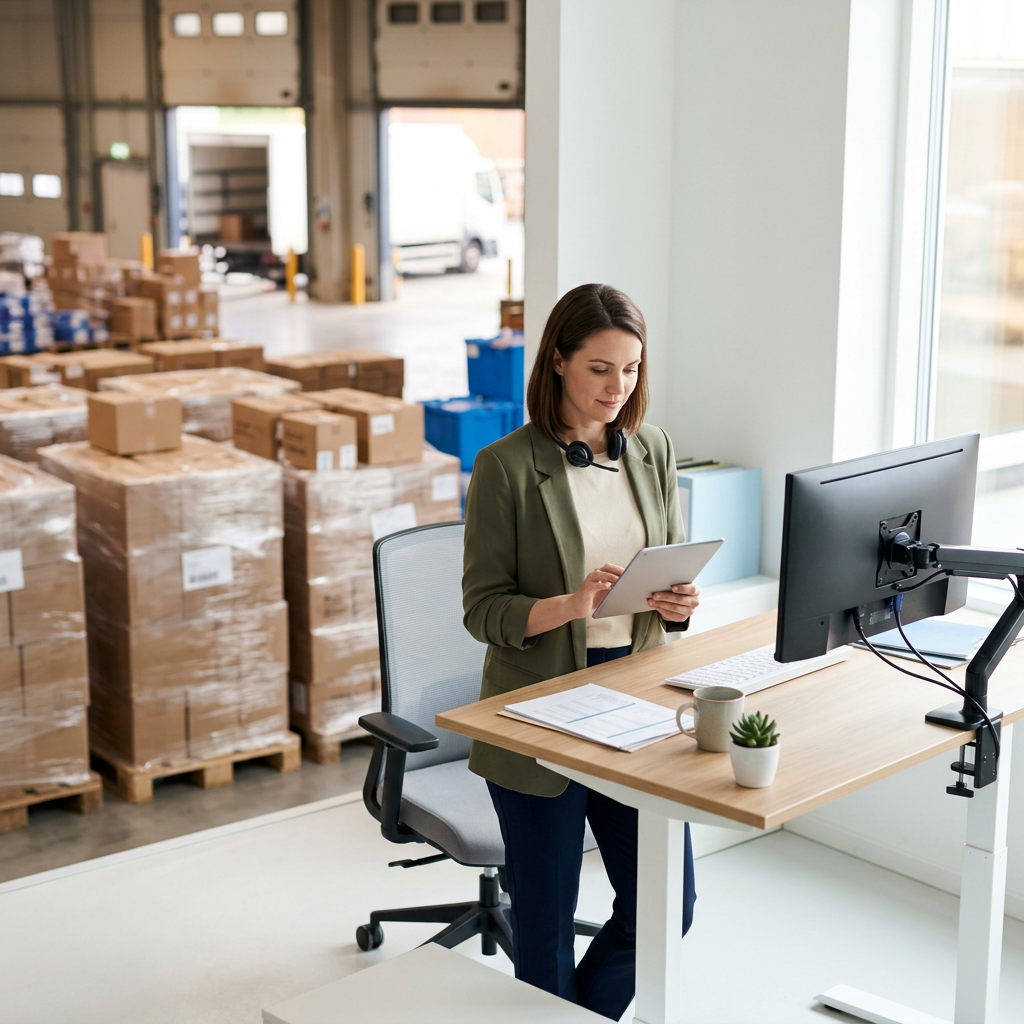 Logistics coordinator reviewing shipment data on tablet