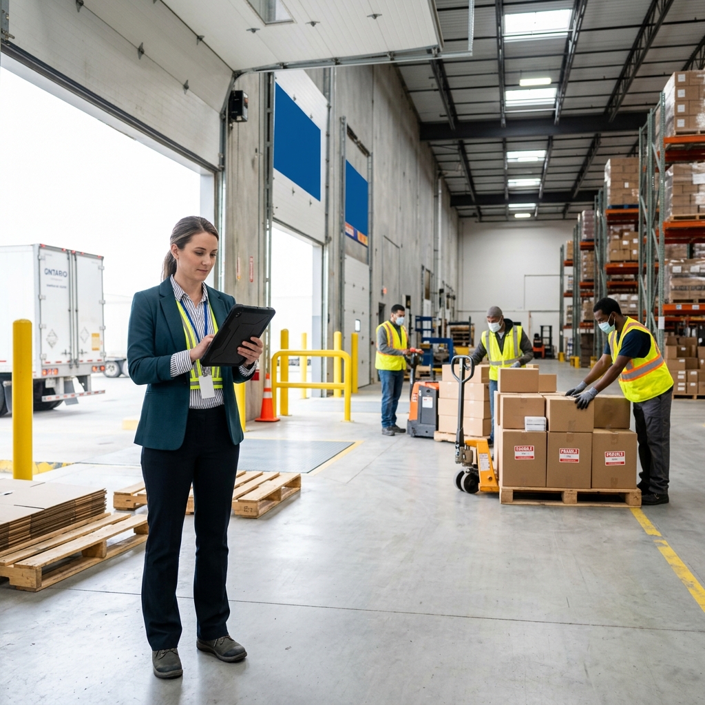 Warehouse coordinator reviewing shipment on tablet at loading dock