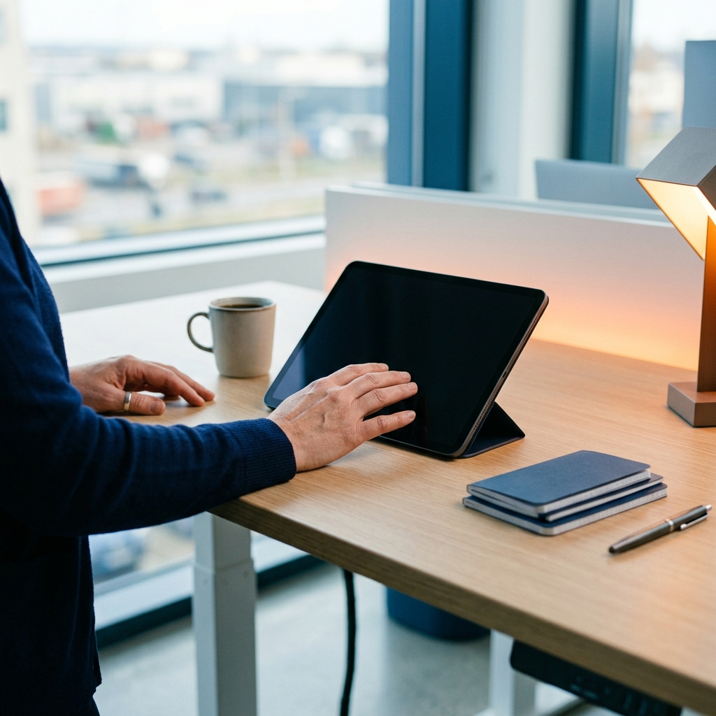 Hands holding tablet with shipping dashboard at standing desk
