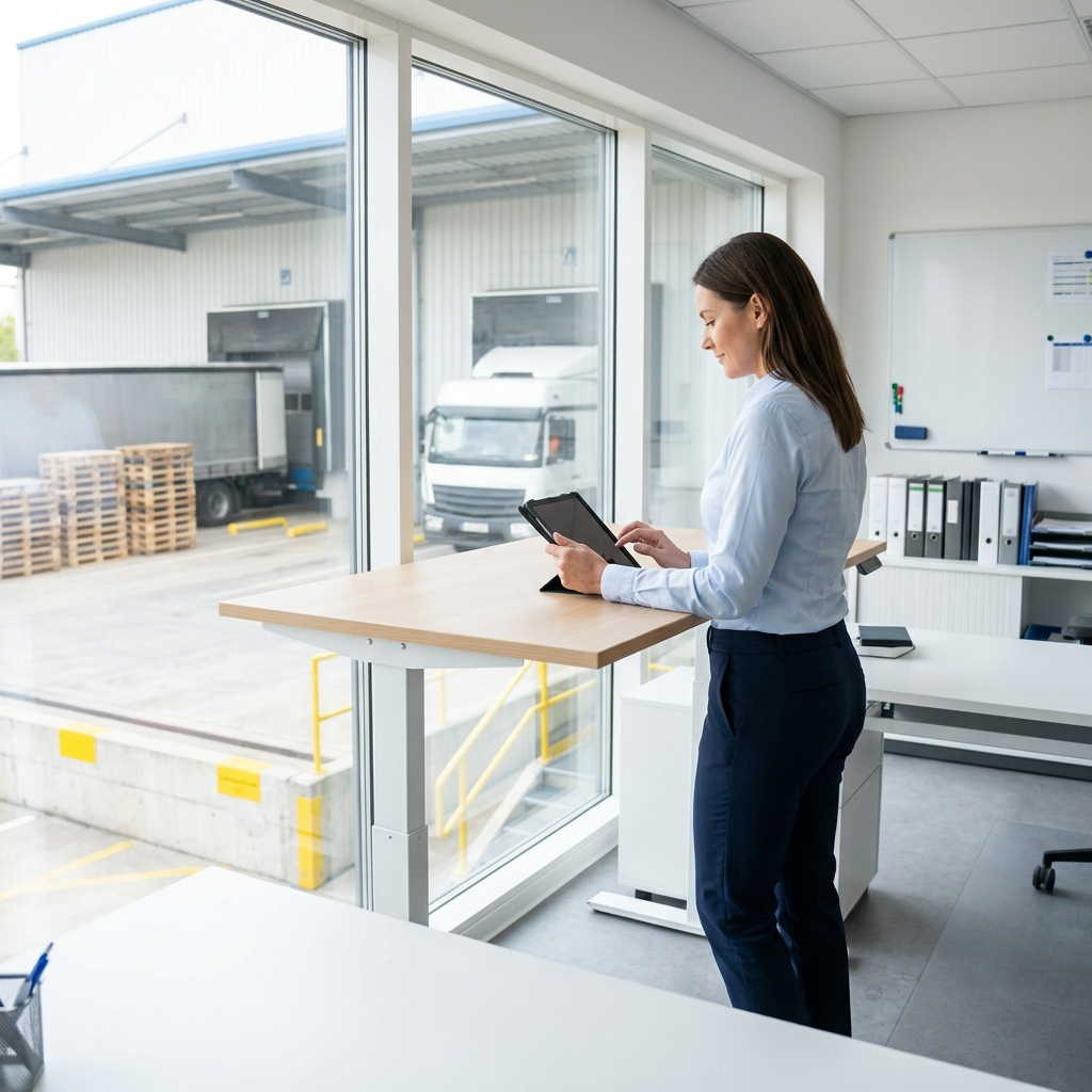 Warehouse logistics manager reviewing shipment data on tablet