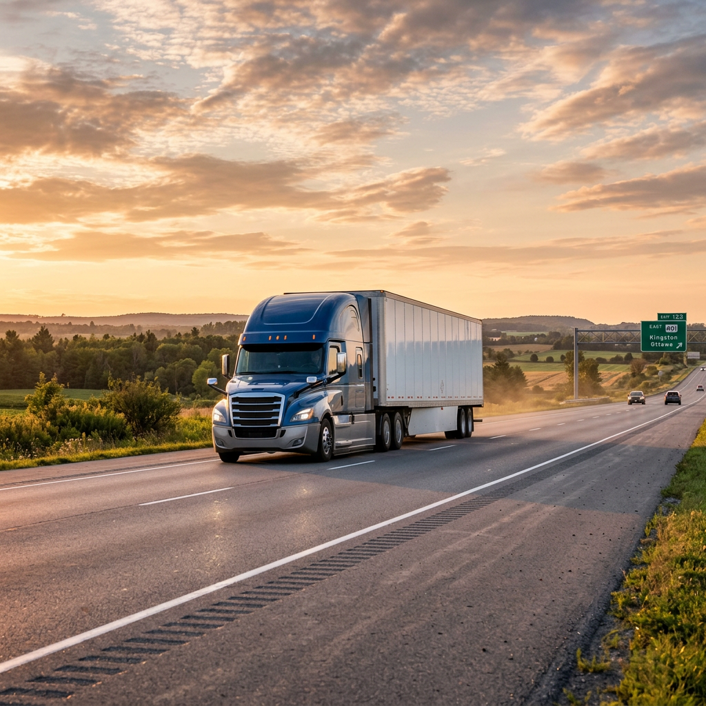 Tractor-trailer cruising major Canadian highway corridor