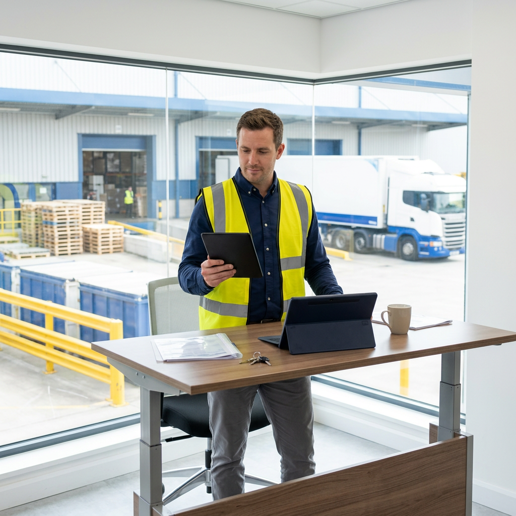 Logistics manager reviewing shipments at warehouse office desk