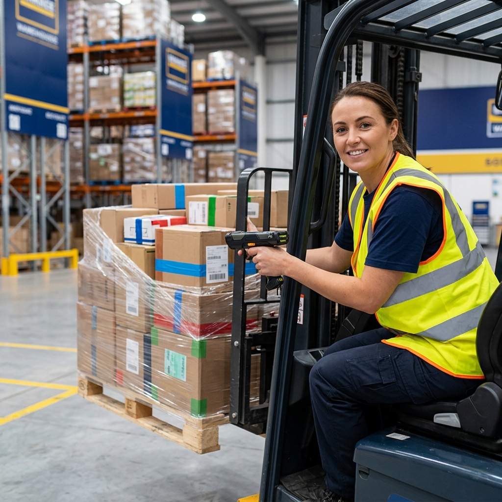 Warehouse worker scanning mixed freight shipments efficiently