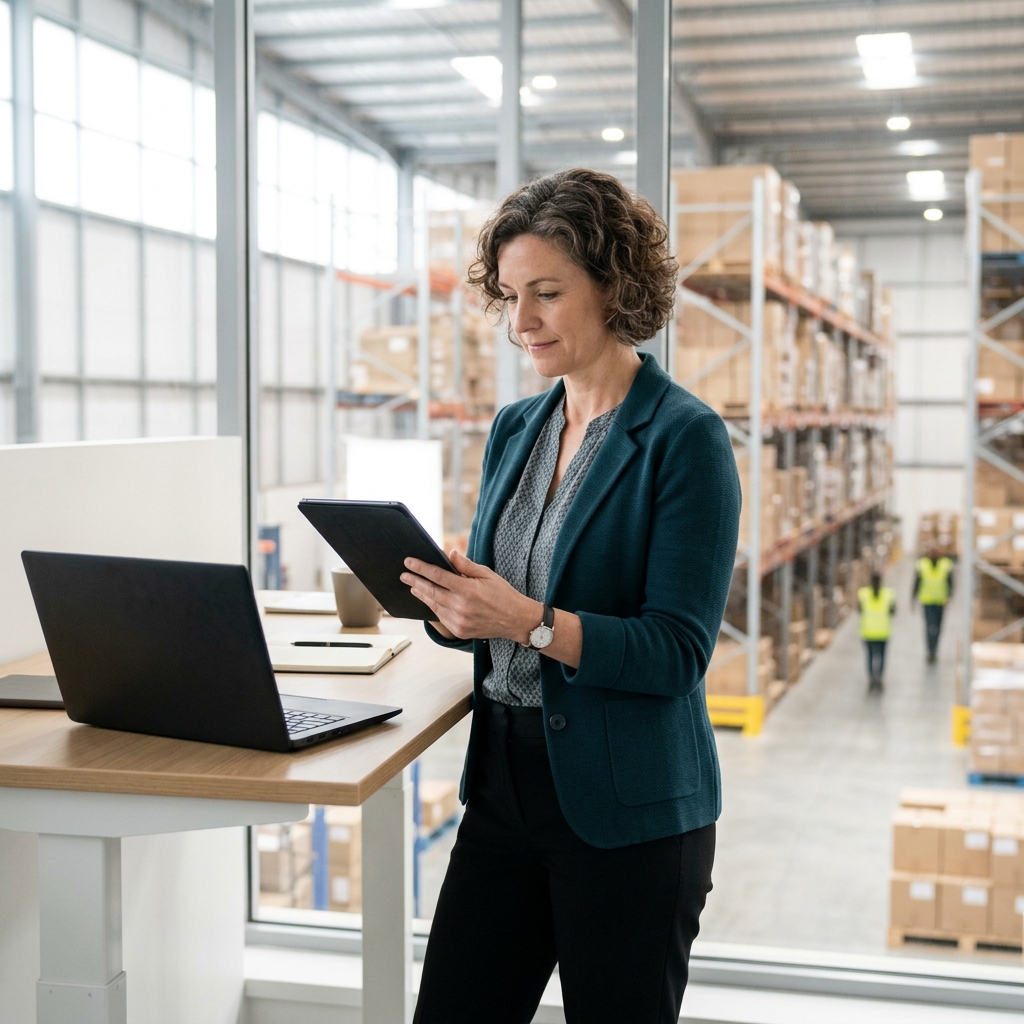 Logistics manager reviewing live shipment tracking on tablet