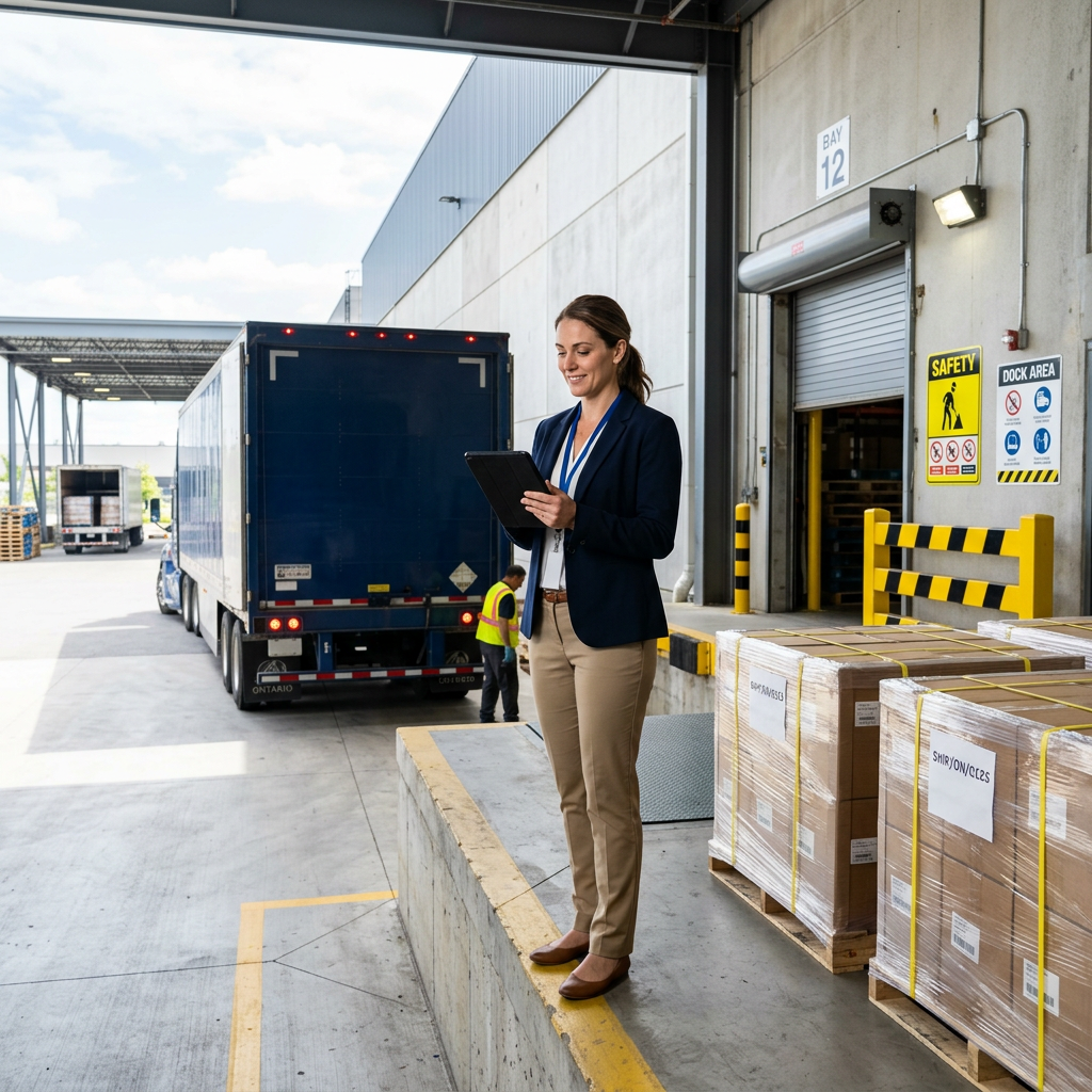 Warehouse coordinator reviewing shipment on tablet at loading dock