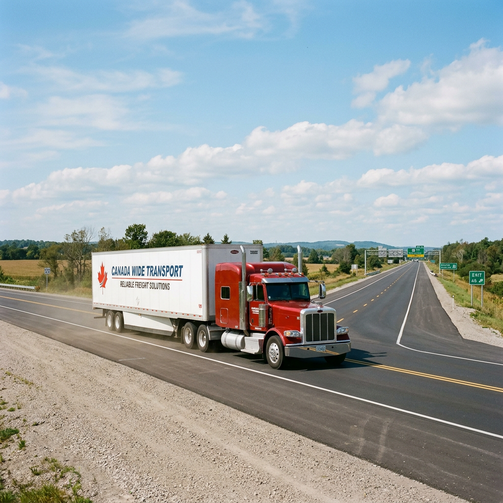 Transport truck moving smoothly along Ontario highway corridor