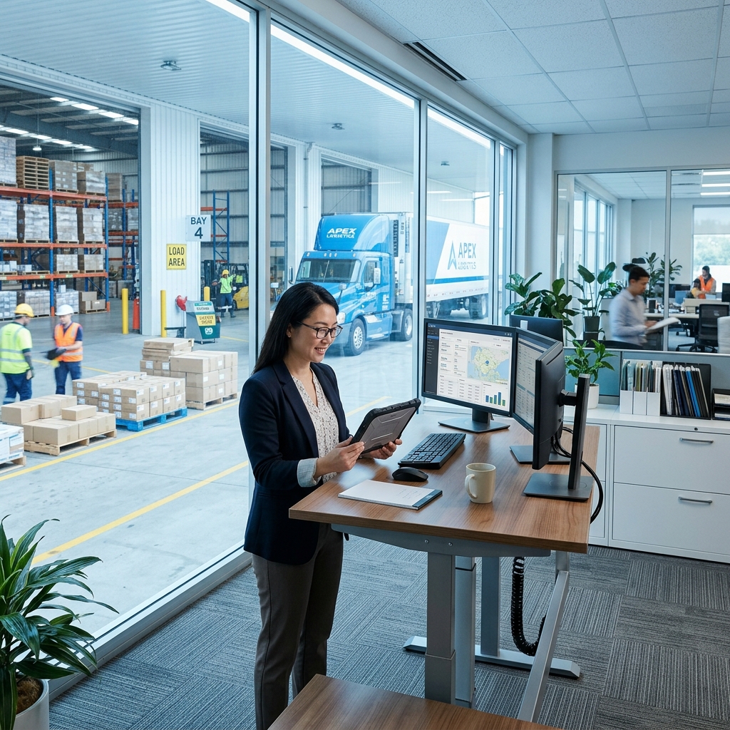 Logistics manager reviewing shipment data at warehouse standing desk