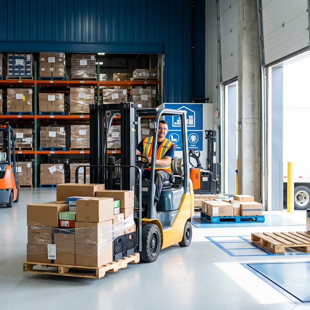 Warehouse worker confidently staging mixed freight pallets for LTL pickup