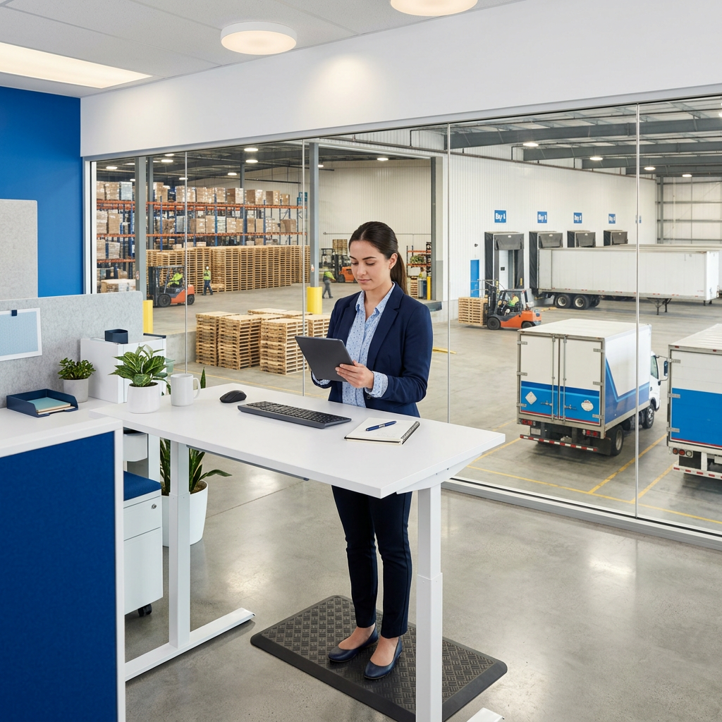 Logistics manager reviewing shipment on tablet at warehouse desk