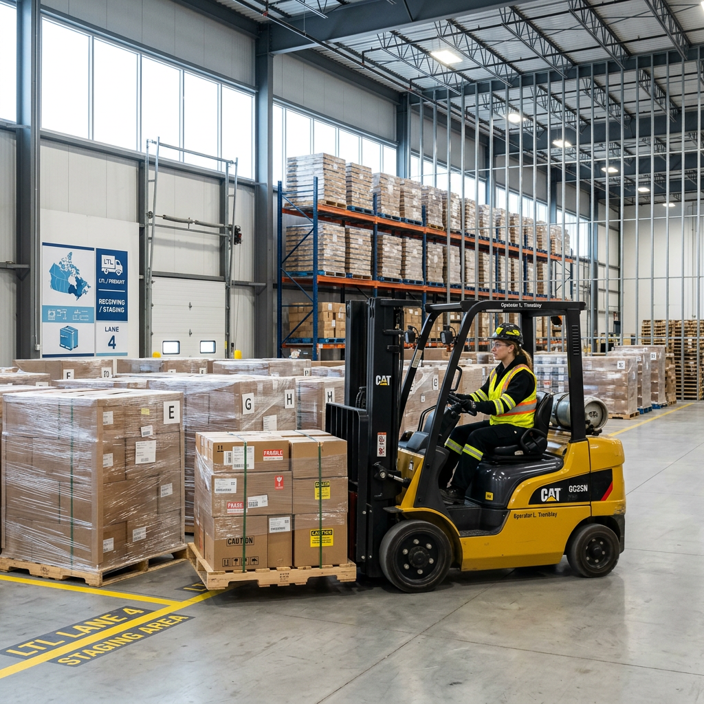 Warehouse worker staging mixed freight pallets for LTL shipment
