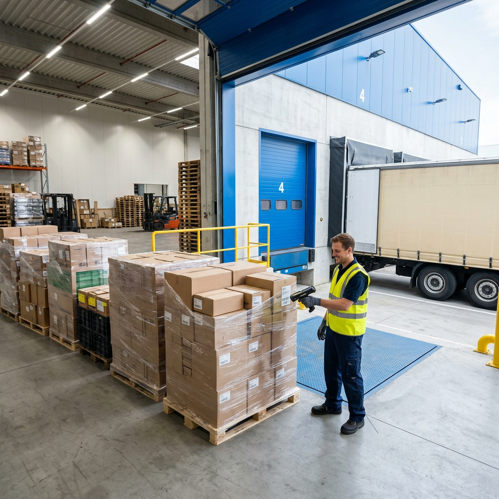 Warehouse worker scanning pallets at loading dock